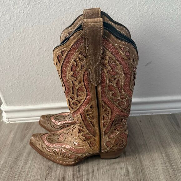 JB Dillion leather glitter pink inlay western boots - Picture 4 of 7